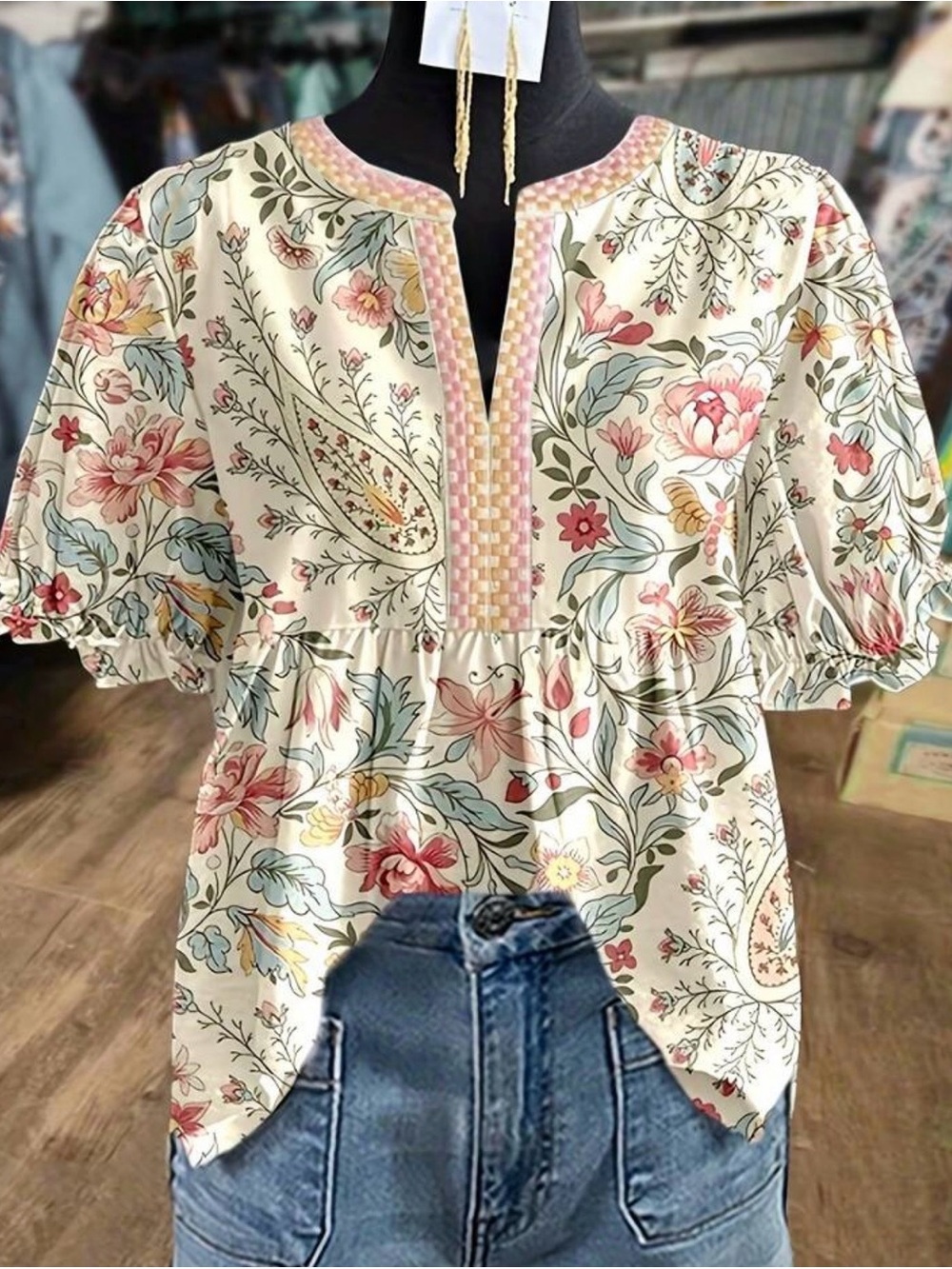 Boutique Vintage Puff Bell Sleeve Blouse